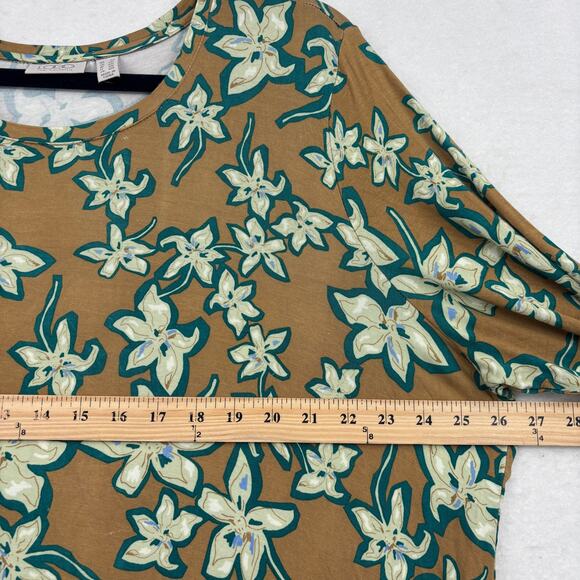 LOGO Lori Goldstein Tunic Blouse Top Size 2X Brown Green Floral Ruffle FLAW - Picture 10 of 13